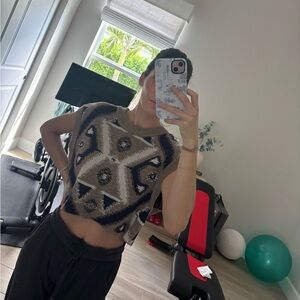 Free People Tan and Blue Crew Neck Sweater